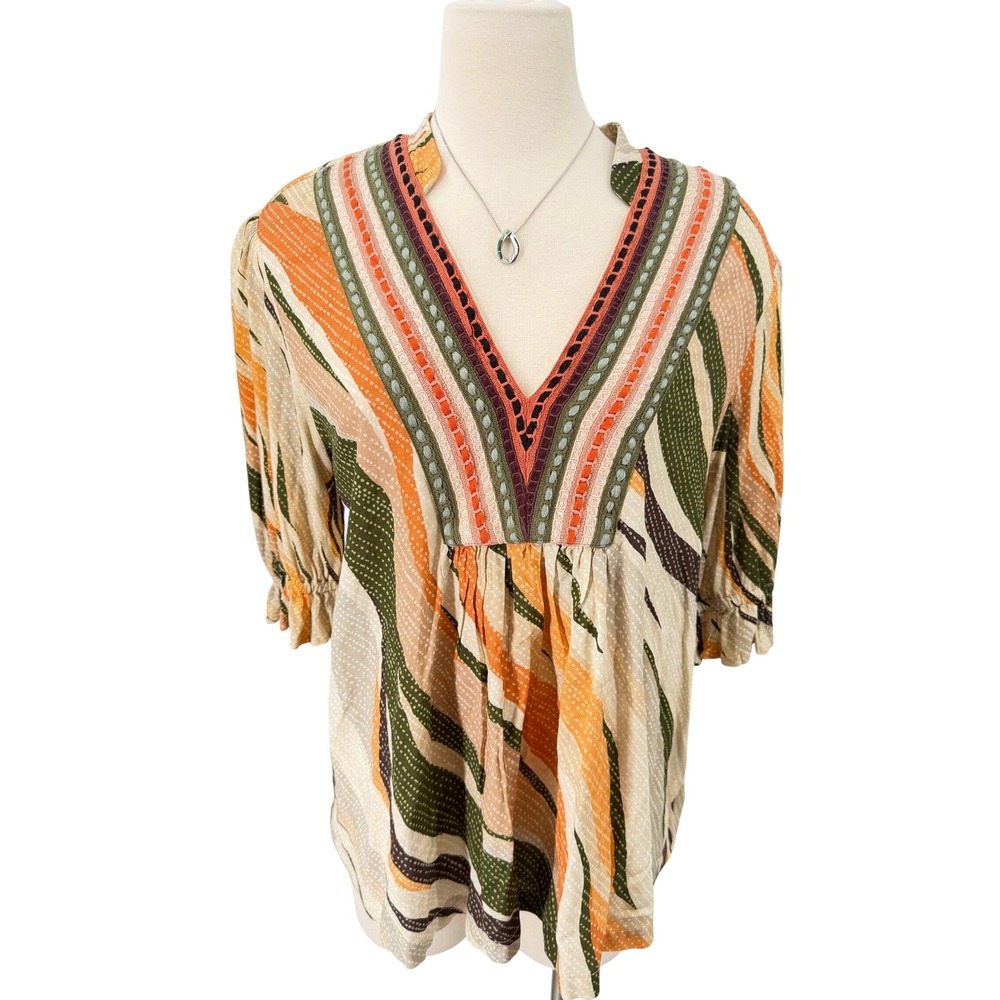 Blank London Blouse Womens Large Orange Green Boho Embroidered V-Neck Top